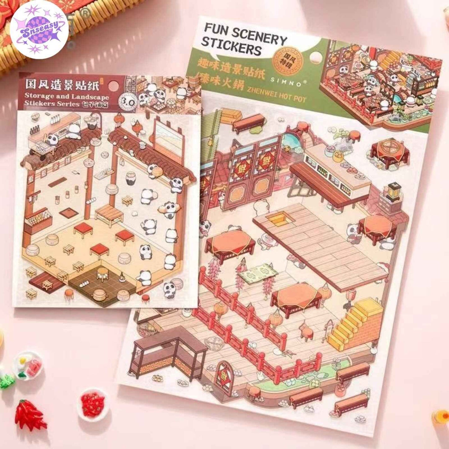 Chinese Happy Spring Festival – Plus 3D Miniature Sticker Scenes - 2 Theme Sets: Fuman Market | Zhenwei Hot Pot