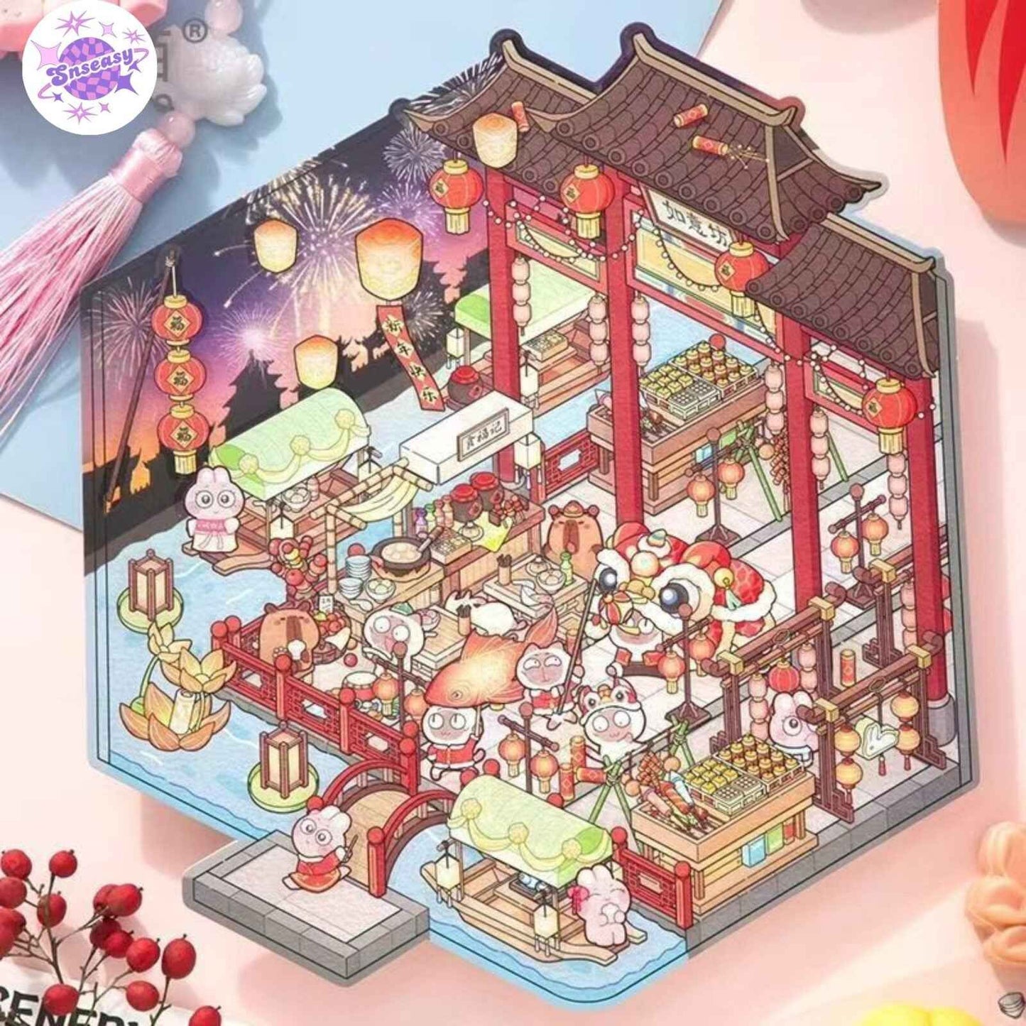 Chinese Happy Spring Festival – Plus 3D Miniature Sticker Scenes - 2 Theme Sets: Fuman Market | Zhenwei Hot Pot