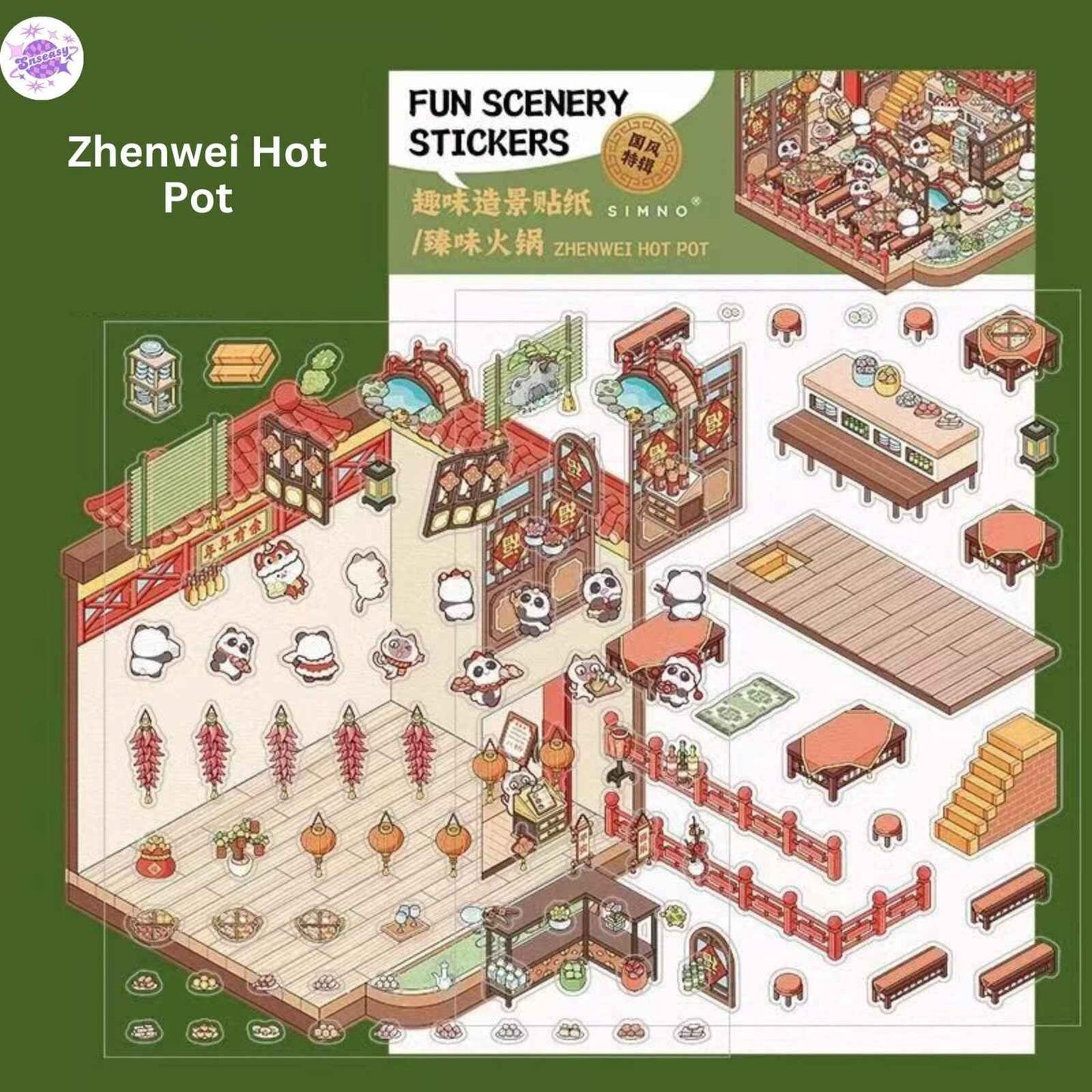 Chinese Happy Spring Festival – Plus 3D Miniature Sticker Scenes - 2 Theme Sets: Fuman Market | Zhenwei Hot Pot