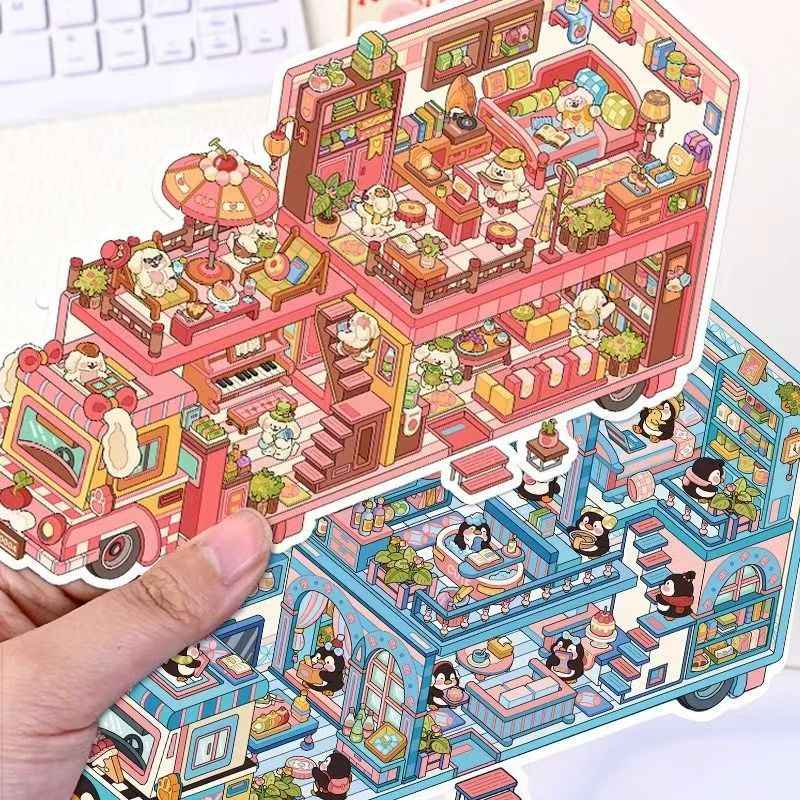 Animal RV – 3D Miniature Sticker Scenes - 4 Theme Sets: Shiba Inu Snack RV | Capybara Forest RV | Penguin Snowy RV | Puppy Pink RV