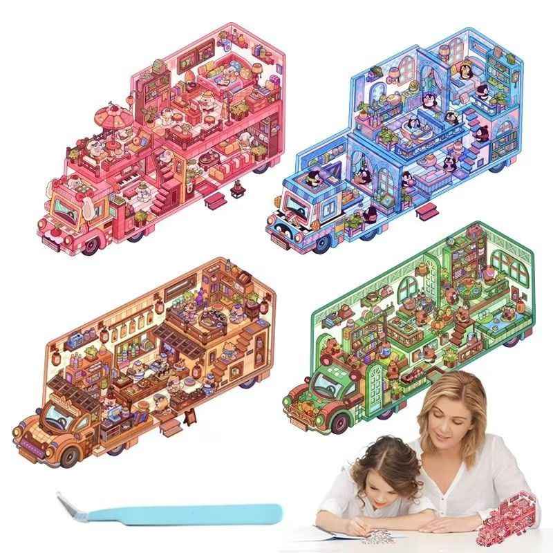 Animal RV – 3D Miniature Sticker Scenes - 4 Theme Sets: Shiba Inu Snack RV | Capybara Forest RV | Penguin Snowy RV | Puppy Pink RV