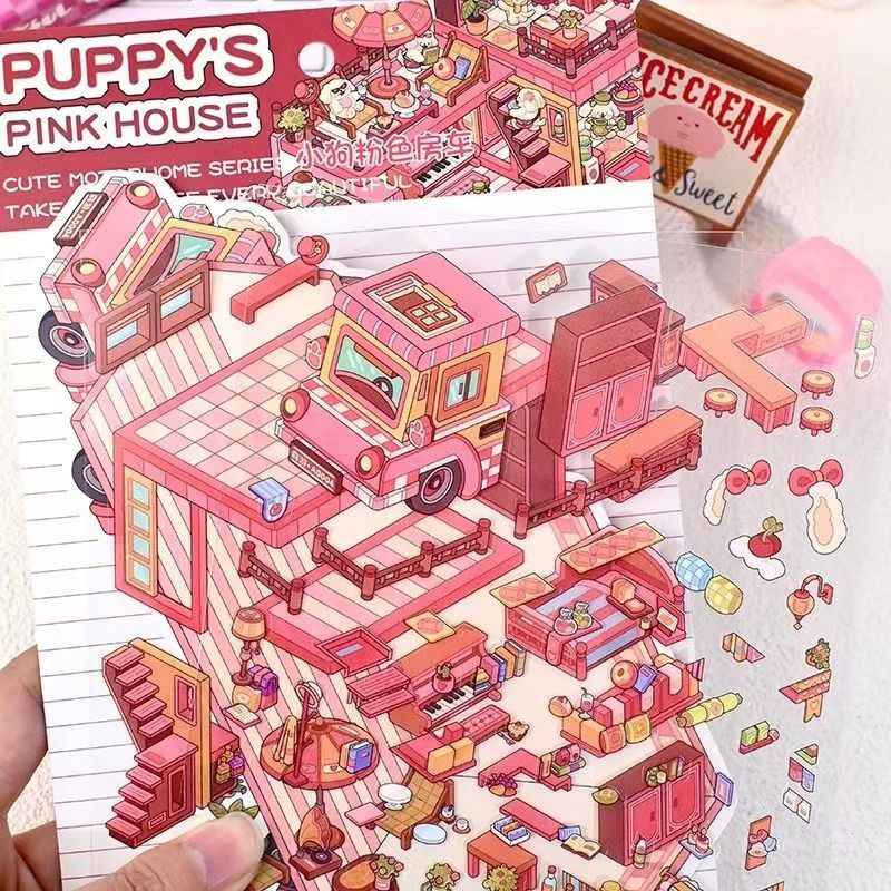 Animal RV – 3D Miniature Sticker Scenes - 4 Theme Sets: Shiba Inu Snack RV | Capybara Forest RV | Penguin Snowy RV | Puppy Pink RV