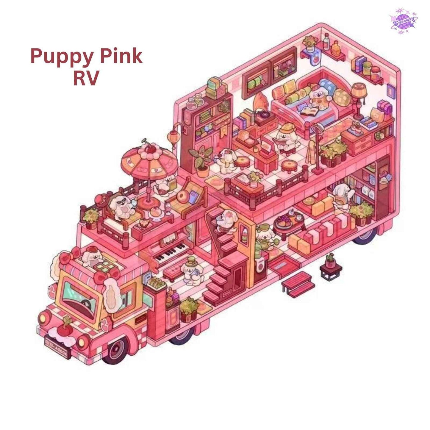 Animal RV – 3D Miniature Sticker Scenes - 4 Theme Sets: Shiba Inu Snack RV | Capybara Forest RV | Penguin Snowy RV | Puppy Pink RV