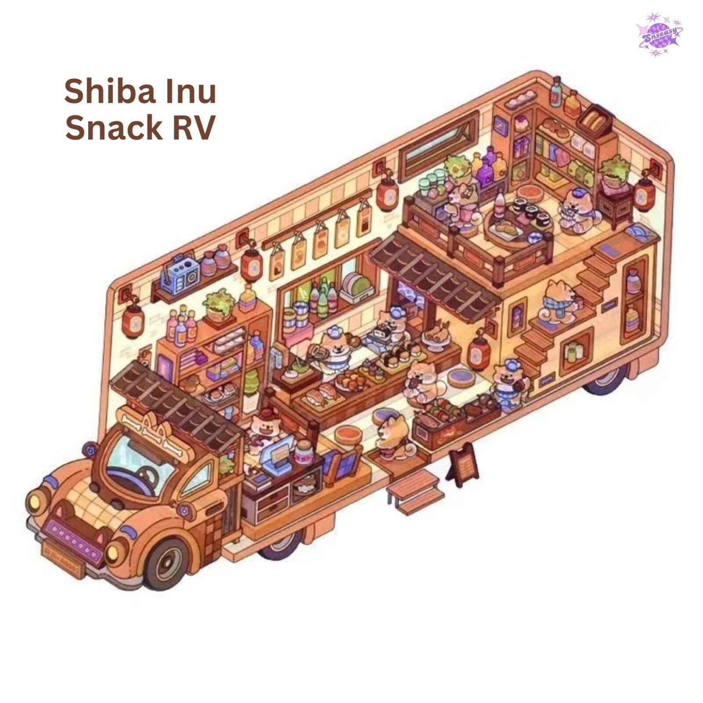 Animal RV – 3D Miniature Sticker Scenes - 4 Theme Sets: Shiba Inu Snack RV | Capybara Forest RV | Penguin Snowy RV | Puppy Pink RV