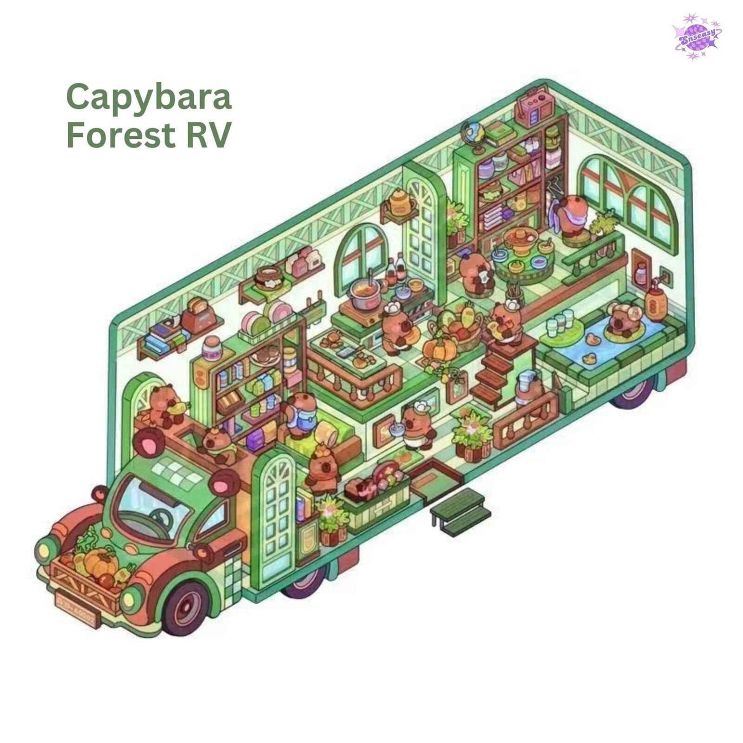Animal RV – 3D Miniature Sticker Scenes - 4 Theme Sets: Shiba Inu Snack RV | Capybara Forest RV | Penguin Snowy RV | Puppy Pink RV