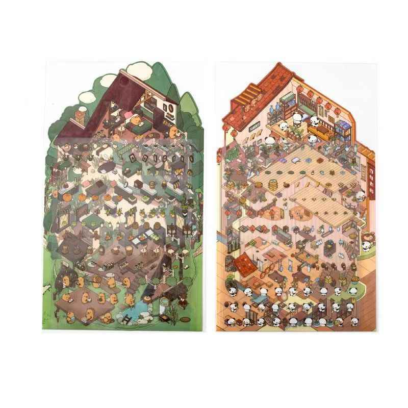 Panda 3-Story Building – Plus 3D Miniature Scenes Sticker - 2 Theme Sets: Farmhouse Cottage | Tea House Tower