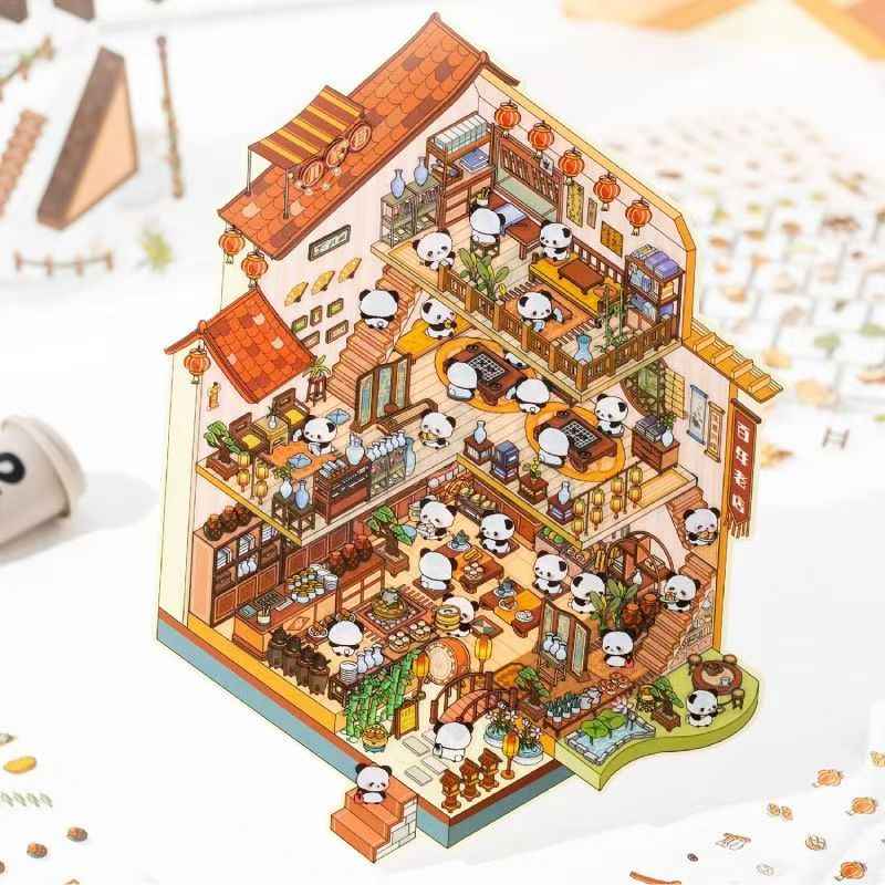 Panda 3-Story Building – Plus 3D Miniature Scenes Sticker - 2 Theme Sets: Farmhouse Cottage | Tea House Tower