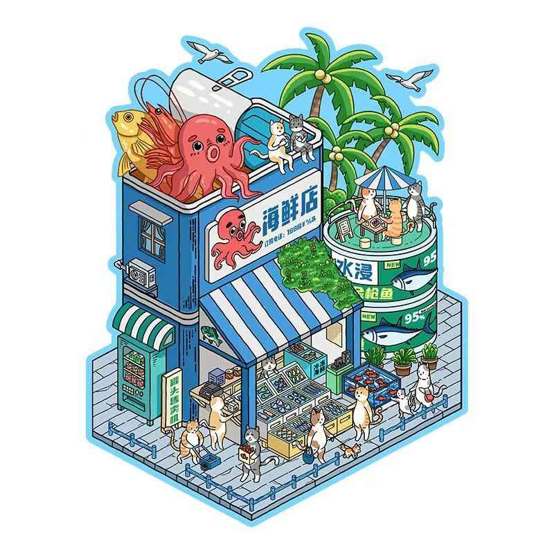 Miniature Business Shop – Plus 3D Miniature Scenes Sticker - 6 Theme Sets: Dumpling Shop | Fruit Store | Cozy Cottage | Doll Party | Seafood Restaurant | Milk Tea Shop