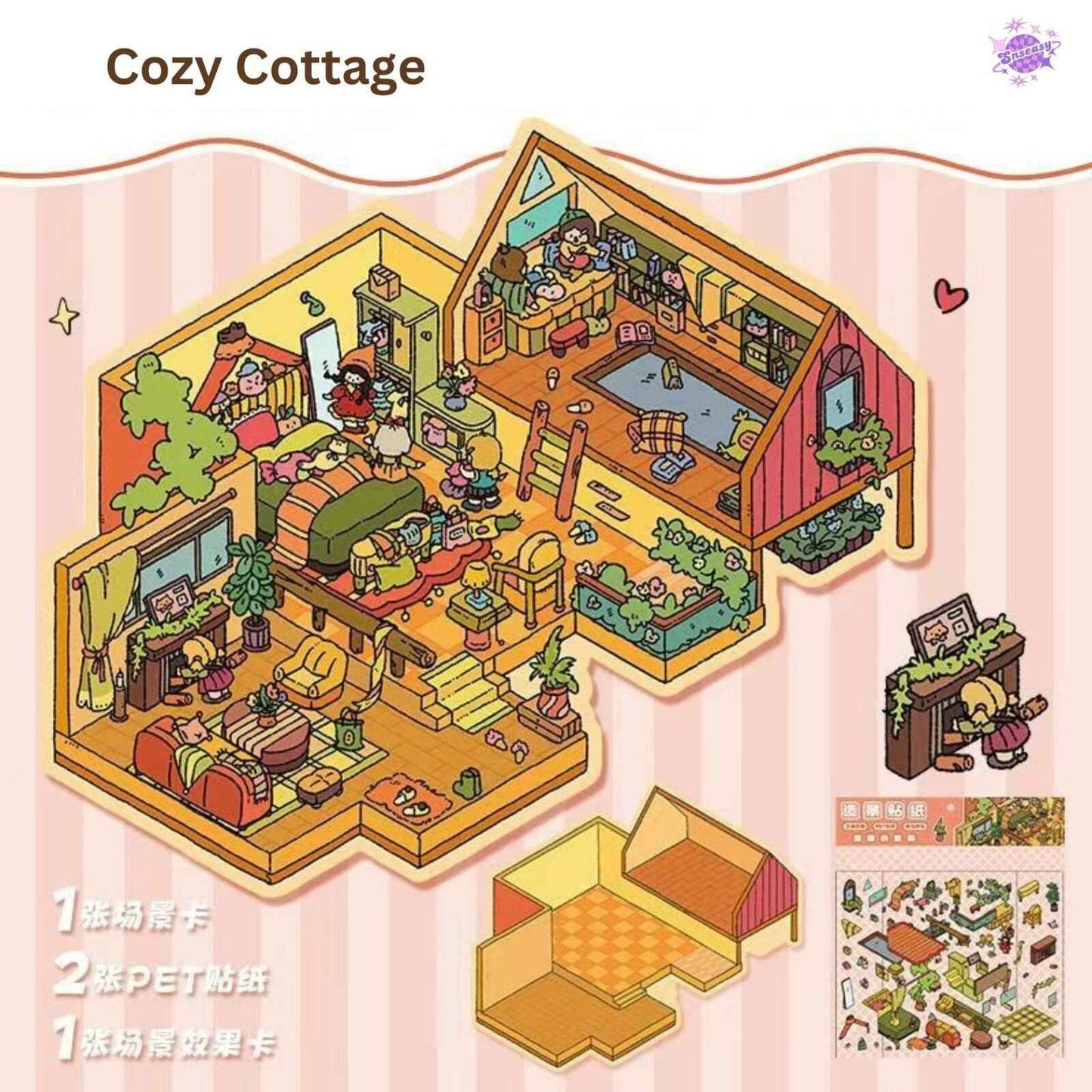 Miniature Business Shop – Plus 3D Miniature Scenes Sticker - 6 Theme Sets: Dumpling Shop | Fruit Store | Cozy Cottage | Doll Party | Seafood Restaurant | Milk Tea Shop