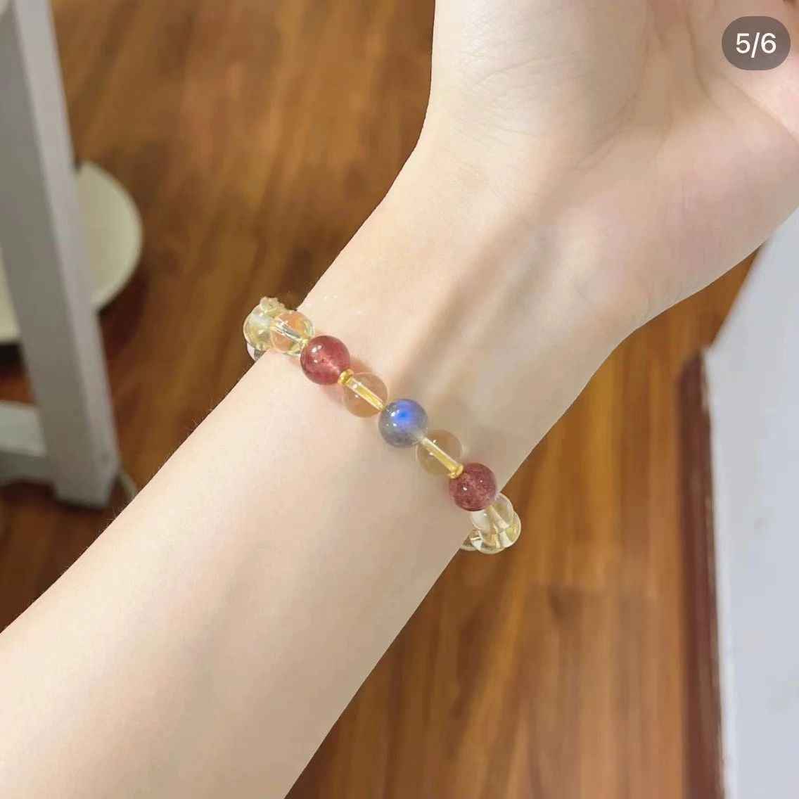 Strawberry Quartz + Gray Moonstone + Citrine Natural Crystal Bracelet - Handcrafted Gemstone Jewelry for Prosperity, Love & Better Sleep