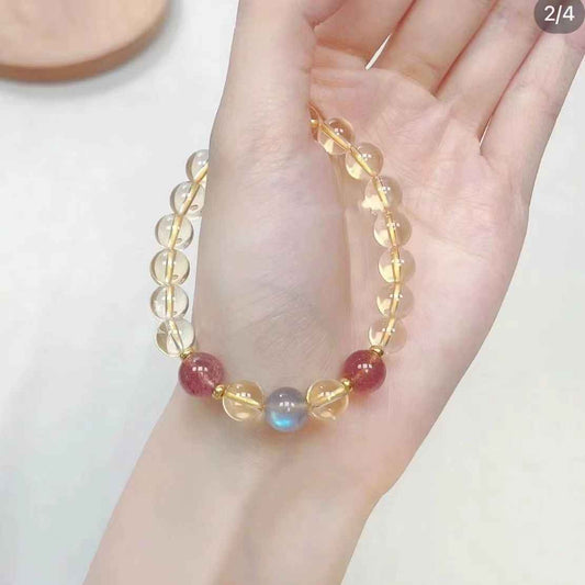 Strawberry Quartz + Gray Moonstone + Citrine Natural Crystal Bracelet - Handcrafted Gemstone Jewelry for Prosperity, Love & Better Sleep