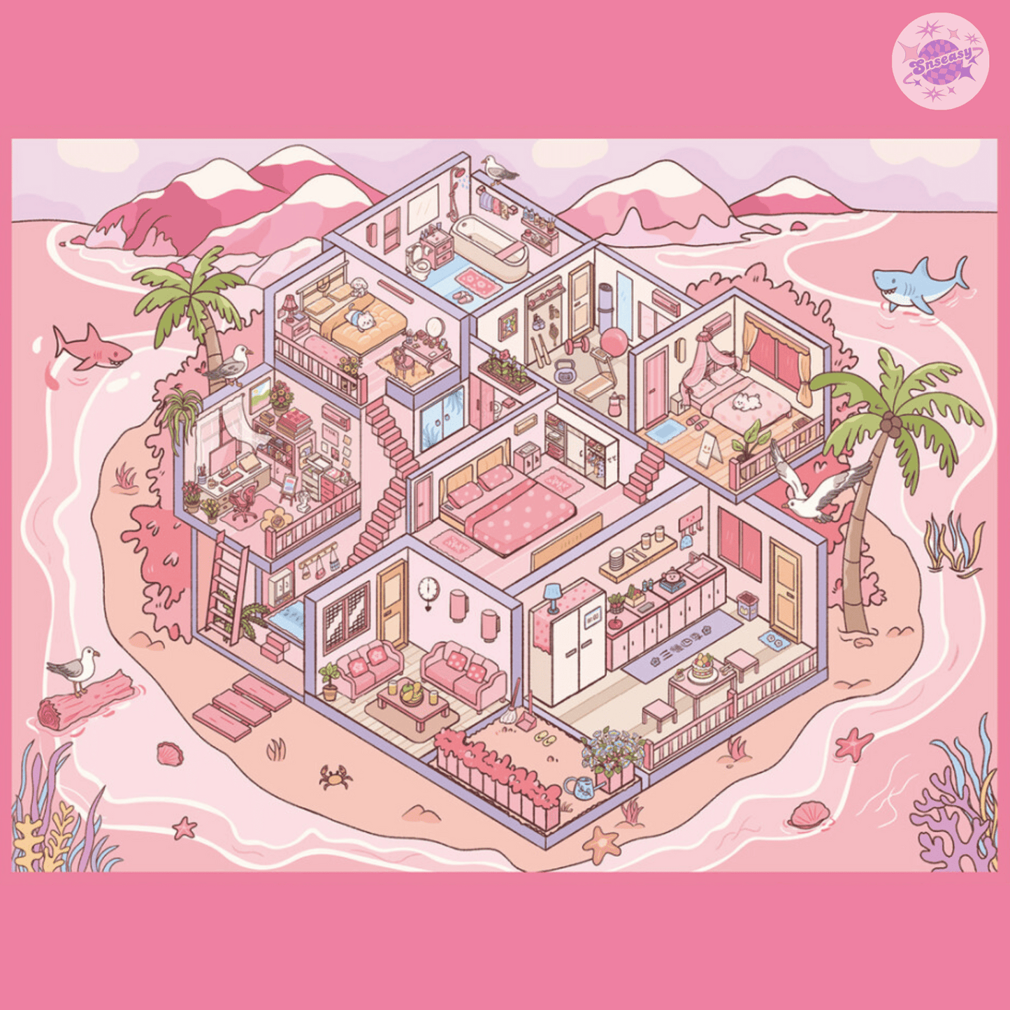 Island Adventure – 3D Miniature Scene Stickers (Plus Size) – 4 Theme Sets: Wishing Fish Island | Pink Island Villa | Treasure Island | Cruise Island