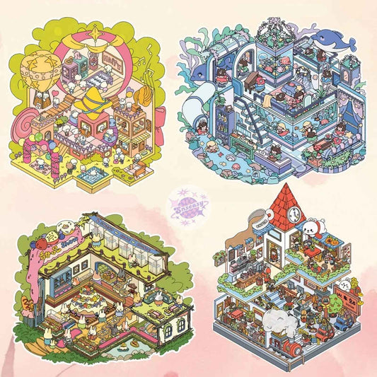 Fairy Tale Town – 3D Miniature Sticker Scenes - 4 Theme Sets: Train Station | Dessert Show| Aquarium | Amusement Park