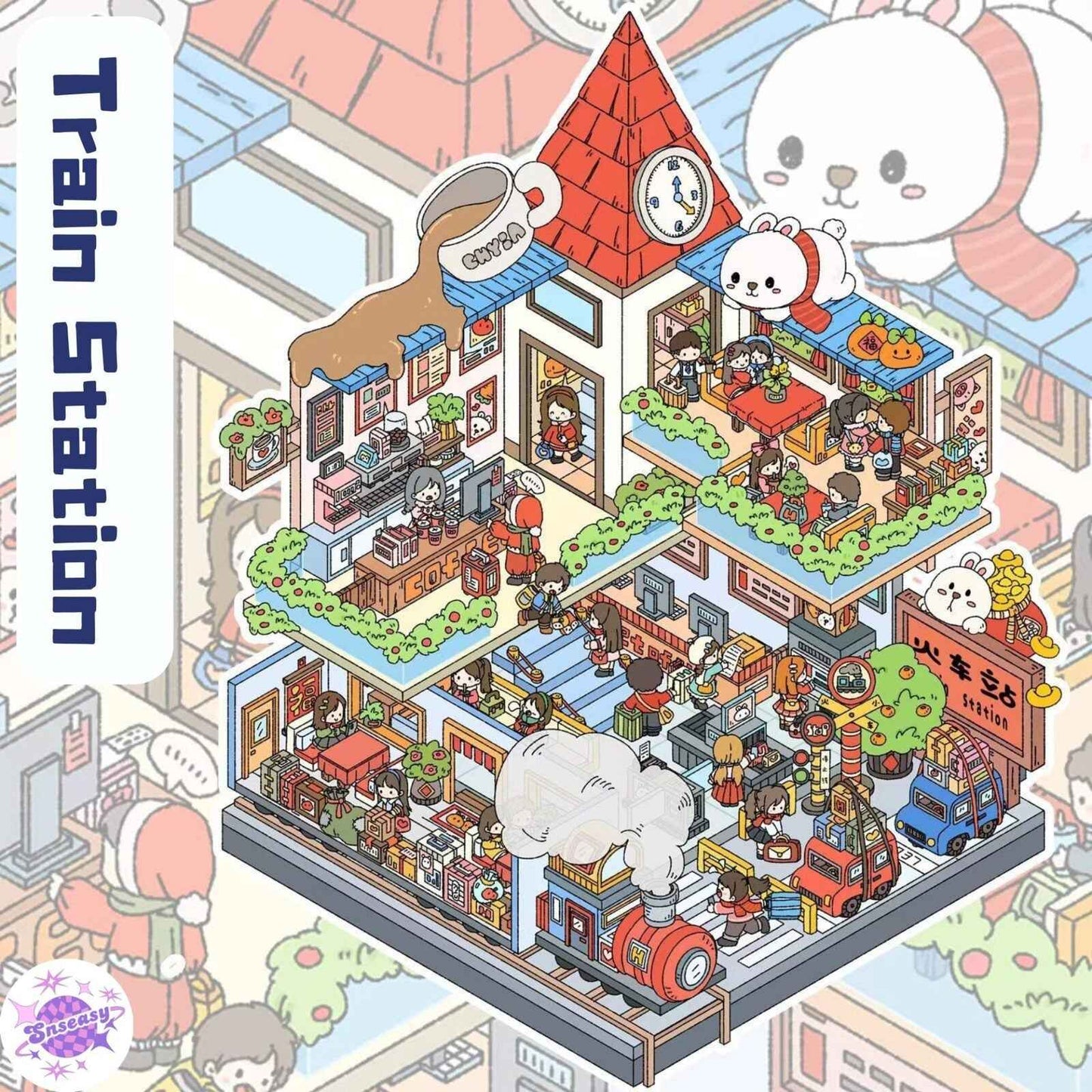 Fairy Tale Town – 3D Miniature Sticker Scenes - 4 Theme Sets: Train Station | Dessert Show| Aquarium | Amusement Park
