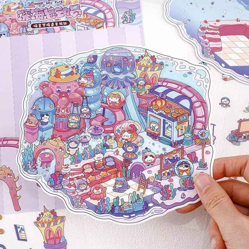 Cute Kitty Adventurer – 3D Miniature Sticker Scenes - 4 Theme Sets: Forest Mushroom House | Island Amusement Park | Underwater Expedition | Sky Island Garden