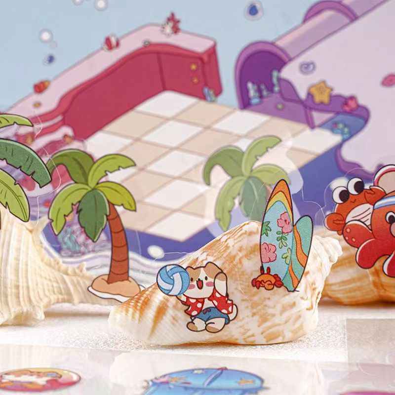 Cute Kitty Adventurer – 3D Miniature Sticker Scenes - 4 Theme Sets: Forest Mushroom House | Island Amusement Park | Underwater Expedition | Sky Island Garden