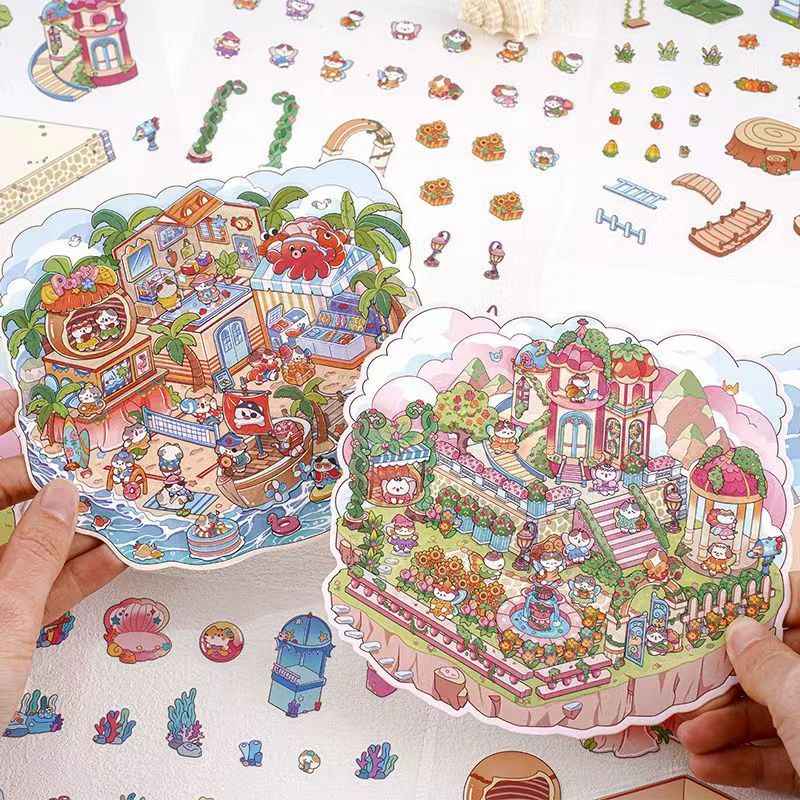 Cute Kitty Adventurer – 3D Miniature Sticker Scenes - 4 Theme Sets: Forest Mushroom House | Island Amusement Park | Underwater Expedition | Sky Island Garden