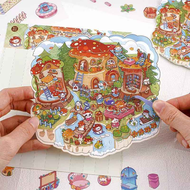 Cute Kitty Adventurer – 3D Miniature Sticker Scenes - 4 Theme Sets: Forest Mushroom House | Island Amusement Park | Underwater Expedition | Sky Island Garden