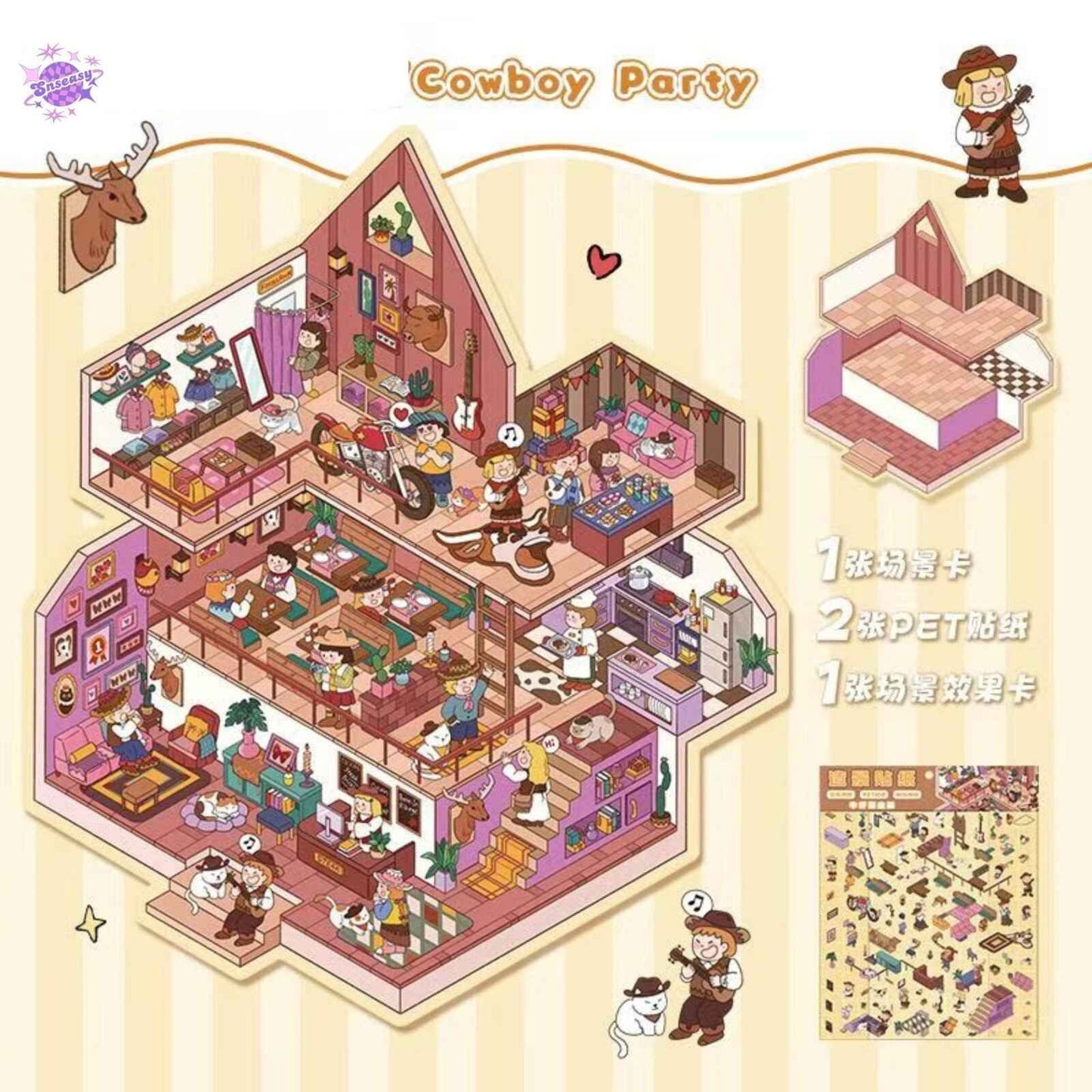 Urban Theme Plus – 3D Miniature Sticker Scenes - 2 Theme Sets: Animal Office | Cowboy Party