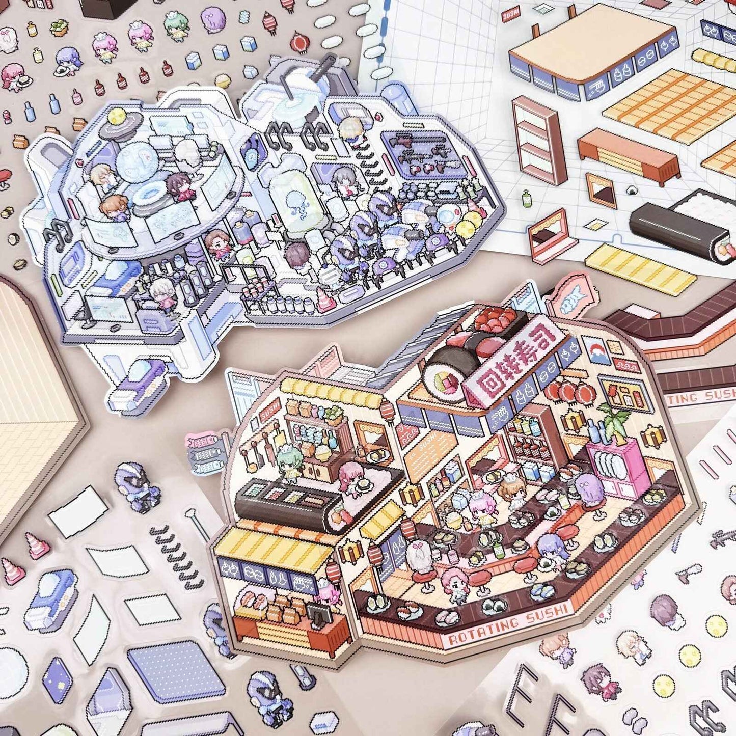 Pixel Style Plus – 3D Miniature Sticker Scenes - 2 Theme Sets: Sushi House | Space Station