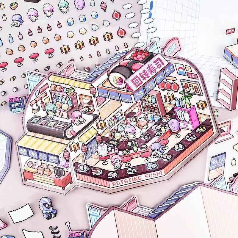 Pixel Style Plus – 3D Miniature Sticker Scenes - 2 Theme Sets: Sushi House | Space Station