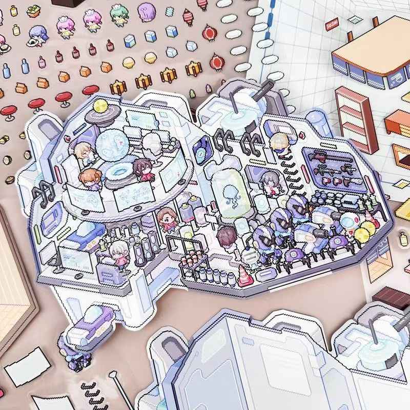 Pixel Style Plus – 3D Miniature Sticker Scenes - 2 Theme Sets: Sushi House | Space Station
