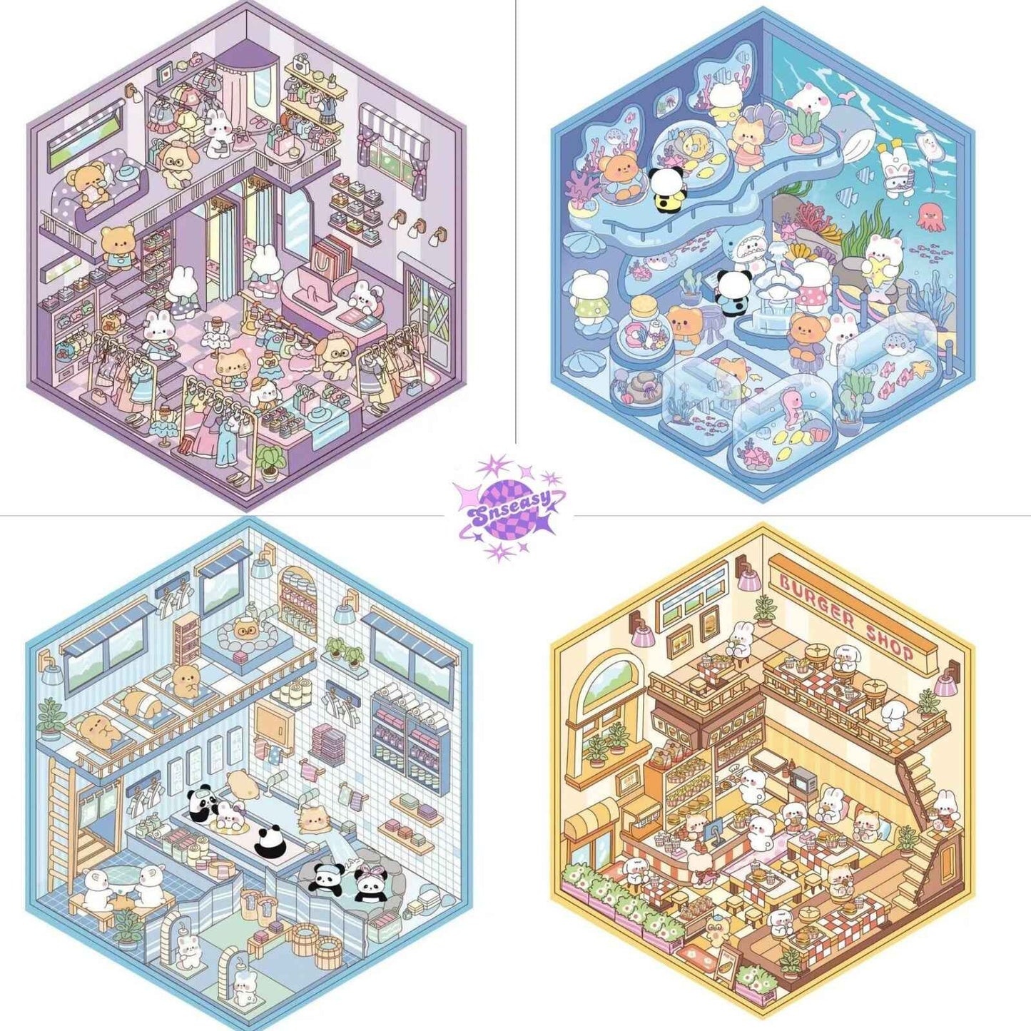 Cute Animals 11.0 – 3D Miniature Sticker Scenes - 4 Theme Sets: Aquarium | Hot Spring Shop | Burger Shop | Clothing Store