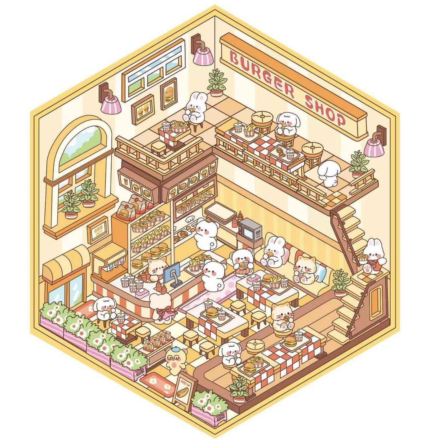 Cute Animals 11.0 – 3D Miniature Sticker Scenes - 4 Theme Sets: Aquarium | Hot Spring Shop | Burger Shop | Clothing Store