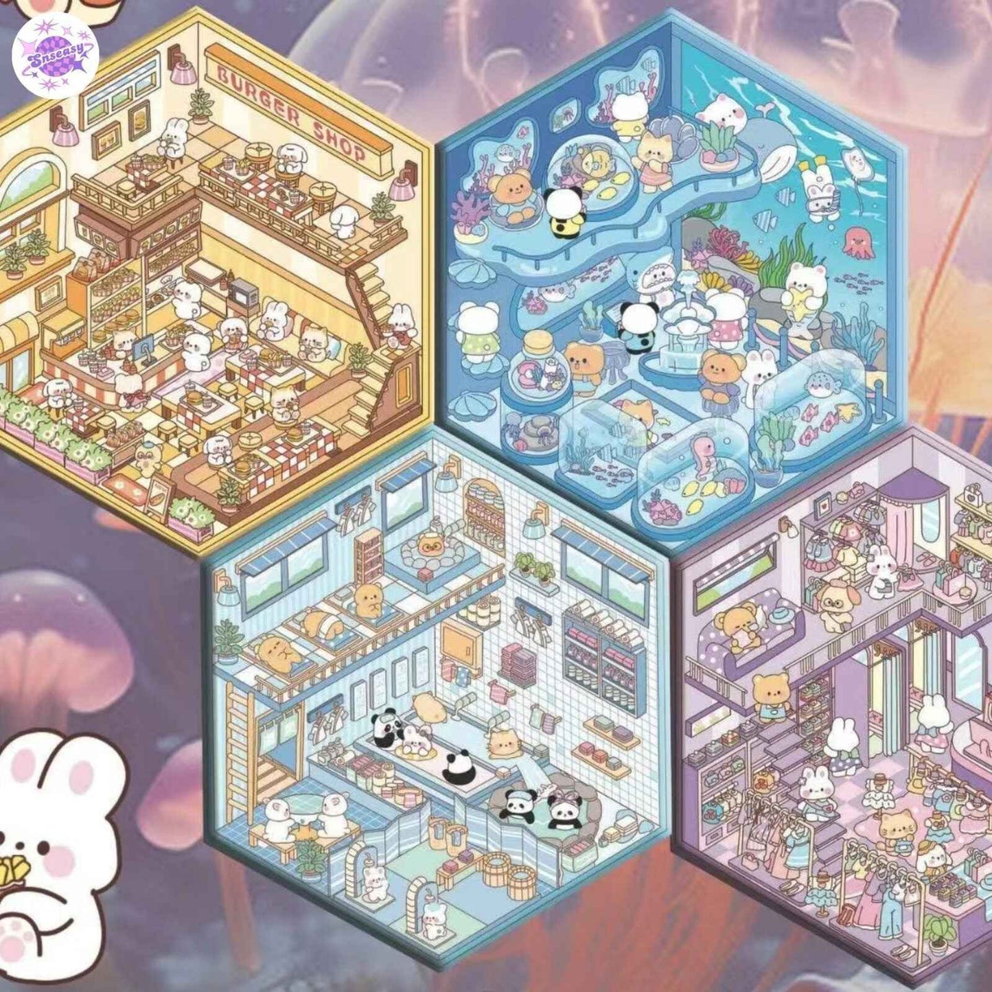 Cute Animals 11.0 – 3D Miniature Sticker Scenes - 4 Theme Sets: Aquarium | Hot Spring Shop | Burger Shop | Clothing Store