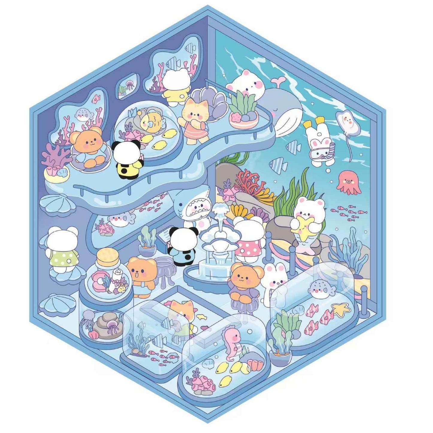 Cute Animals 11.0 – 3D Miniature Sticker Scenes - 4 Theme Sets: Aquarium | Hot Spring Shop | Burger Shop | Clothing Store