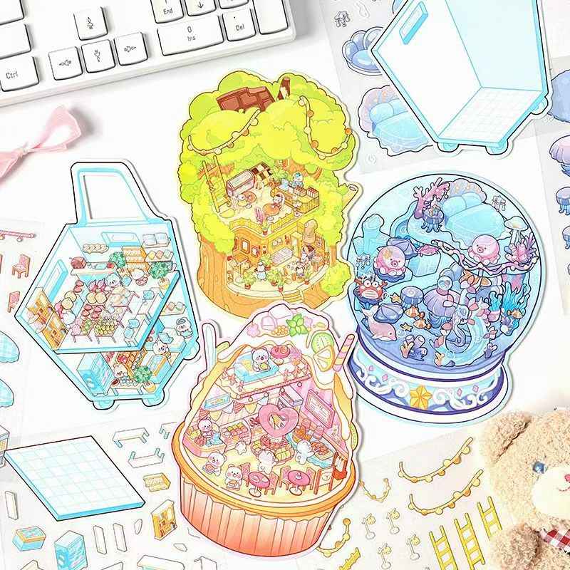 Sweet Treats Island Series – 3D Miniature Sticker Scenes - 4 Theme Sets: Bread Message | Tree Hole Cat Café | Ocean Crystal Ball | Rabbit Supermarket