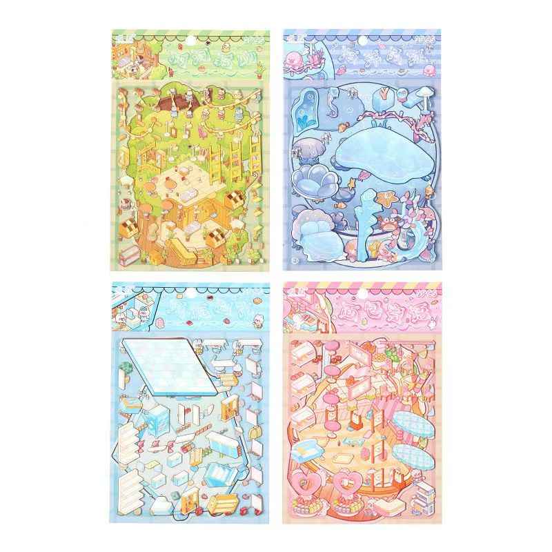Sweet Treats Island Series – 3D Miniature Sticker Scenes - 4 Theme Sets: Bread Message | Tree Hole Cat Café | Ocean Crystal Ball | Rabbit Supermarket