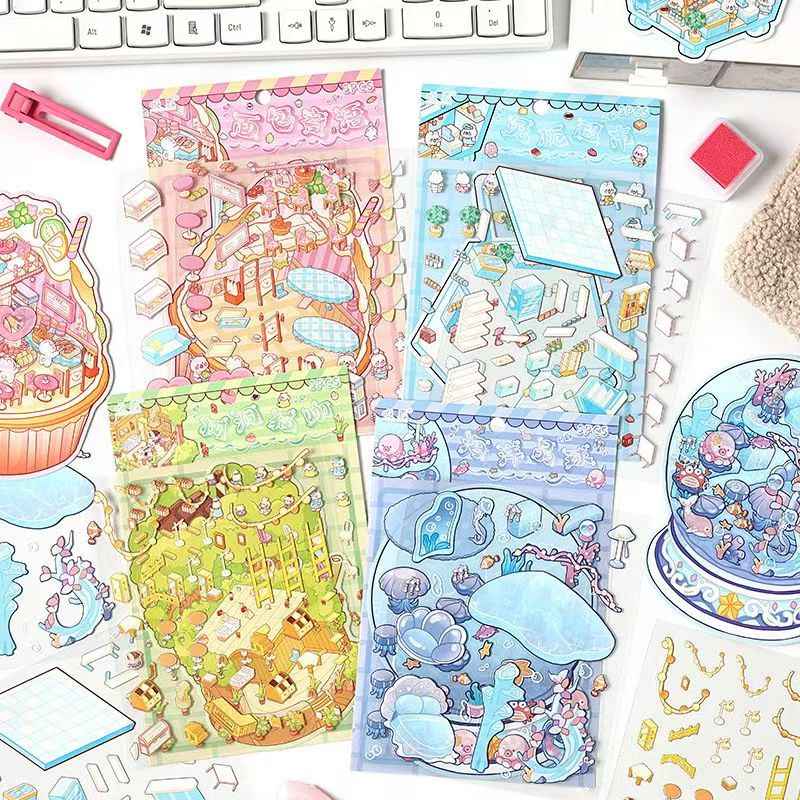 Sweet Treats Island Series – 3D Miniature Sticker Scenes - 4 Theme Sets: Bread Message | Tree Hole Cat Café | Ocean Crystal Ball | Rabbit Supermarket