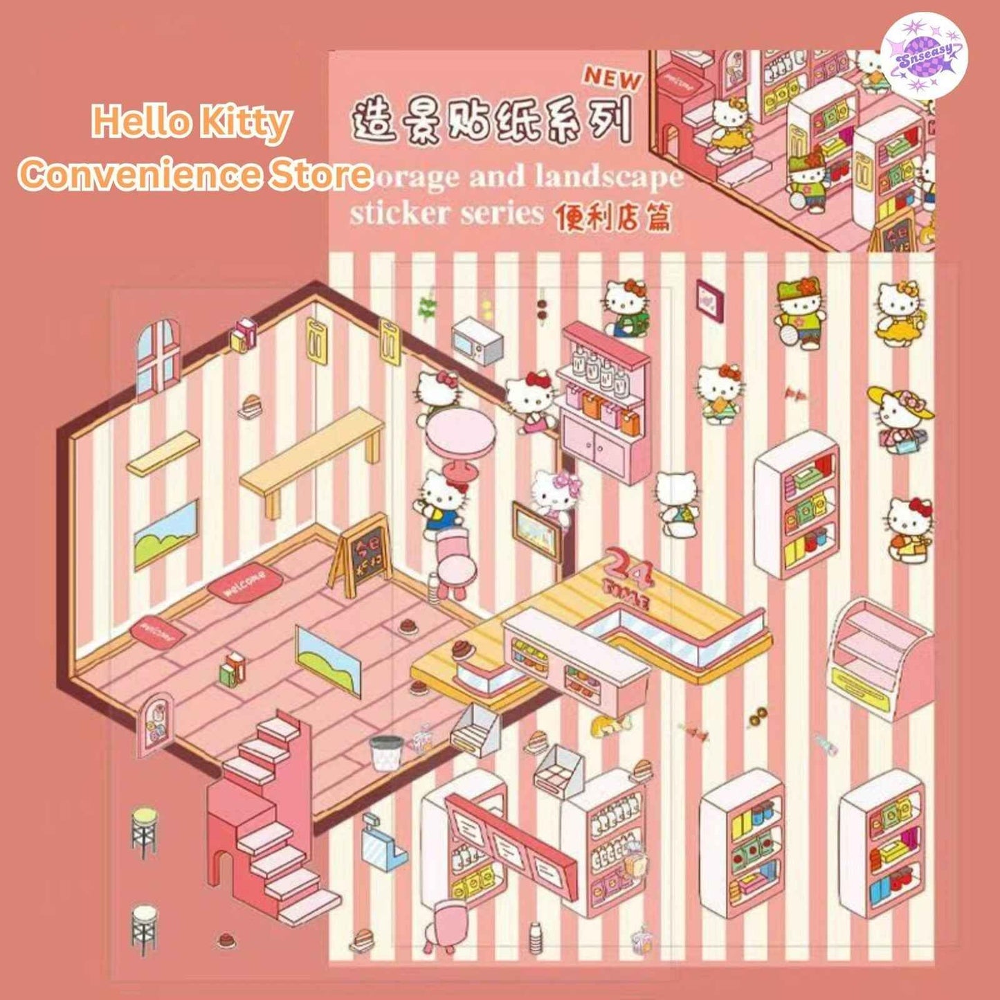 Cartoon Animation Sanrio – 3D Miniature Sticker Scenes - 4 Theme Sets: Hello Kitty Convenience Store | My Melody Bedroom | Kuromi Café | Elsa Ice Princess