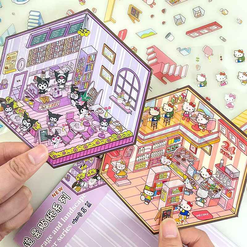 Cartoon Animation Sanrio – 3D Miniature Sticker Scenes - 4 Theme Sets: Hello Kitty Convenience Store | My Melody Bedroom | Kuromi Café | Elsa Ice Princess