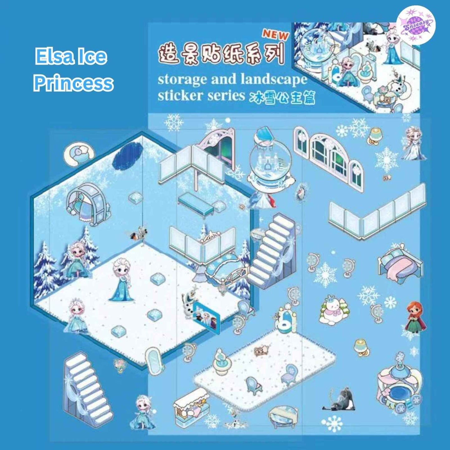 Cartoon Animation Sanrio – 3D Miniature Sticker Scenes - 4 Theme Sets: Hello Kitty Convenience Store | My Melody Bedroom | Kuromi Café | Elsa Ice Princess