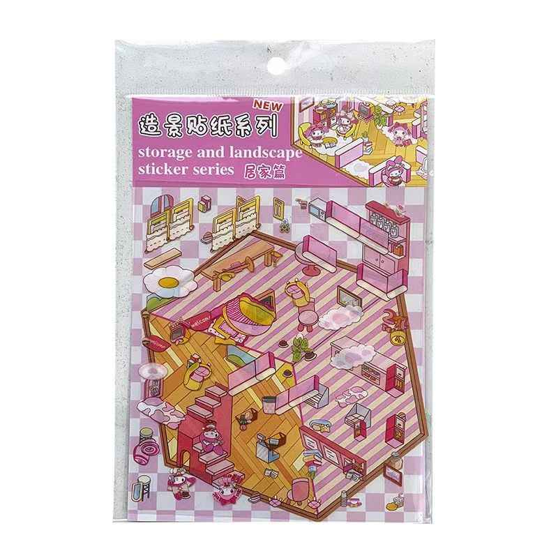 Cartoon Animation Sanrio – 3D Miniature Sticker Scenes - 4 Theme Sets: Hello Kitty Convenience Store | My Melody Bedroom | Kuromi Café | Elsa Ice Princess