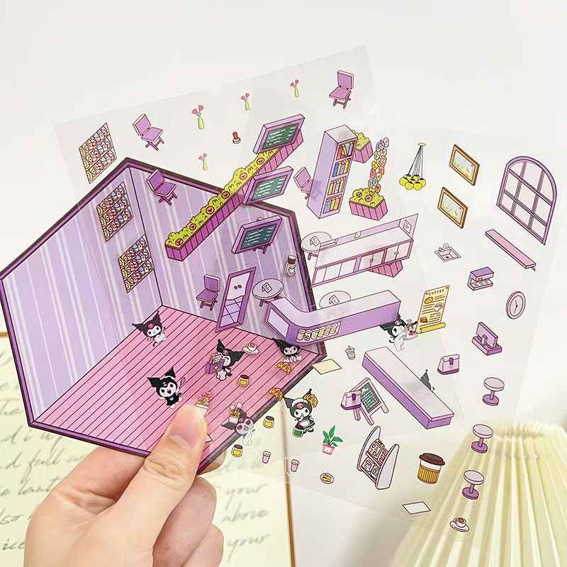 Cartoon Animation Sanrio – 3D Miniature Sticker Scenes - 4 Theme Sets: Hello Kitty Convenience Store | My Melody Bedroom | Kuromi Café | Elsa Ice Princess