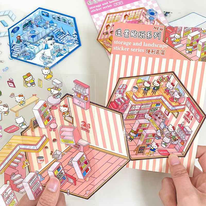 Cartoon Animation Sanrio – 3D Miniature Sticker Scenes - 4 Theme Sets: Hello Kitty Convenience Store | My Melody Bedroom | Kuromi Café | Elsa Ice Princess