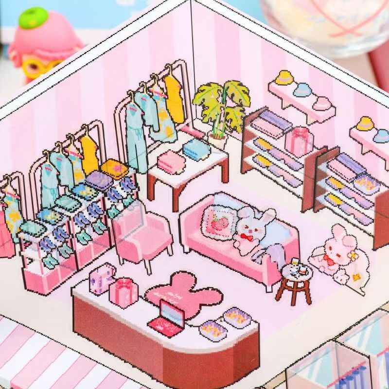 Pixel World – 3D Miniature Sticker Scenes - 4 Theme Sets: Dream Clothing Store | Leisurely Coffee Shop | Busy Supermarket | Quiet Nursery