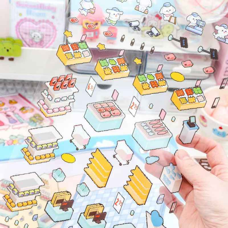 Pixel World – 3D Miniature Sticker Scenes - 4 Theme Sets: Dream Clothing Store | Leisurely Coffee Shop | Busy Supermarket | Quiet Nursery