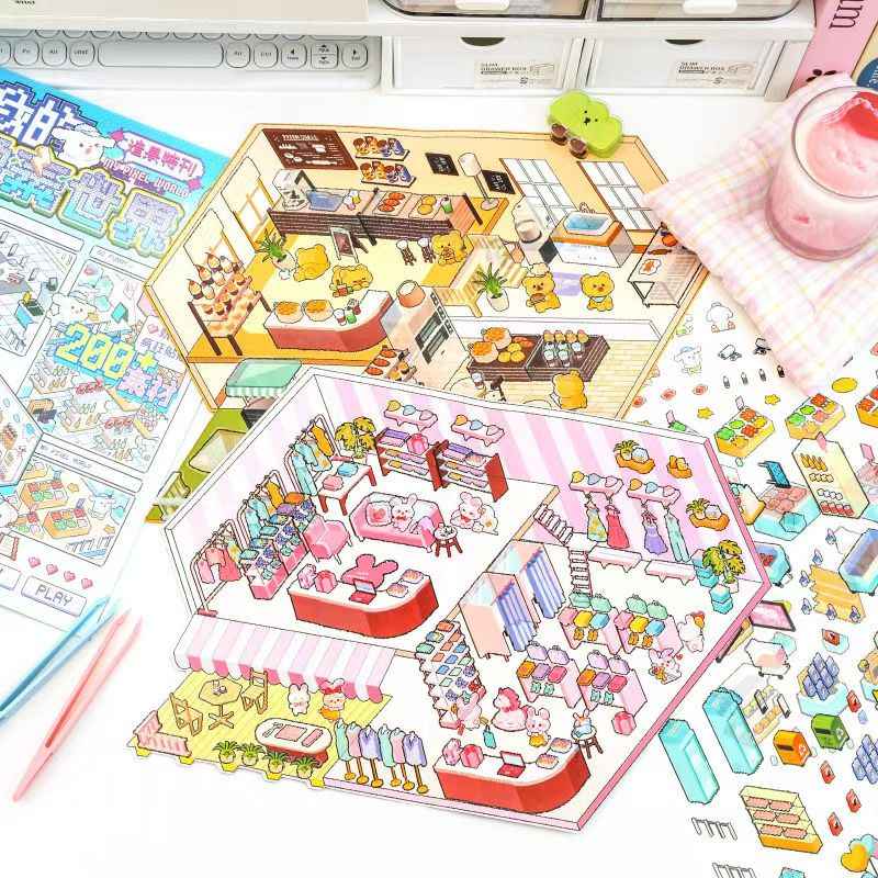 Pixel World – 3D Miniature Sticker Scenes - 4 Theme Sets: Dream Clothing Store | Leisurely Coffee Shop | Busy Supermarket | Quiet Nursery