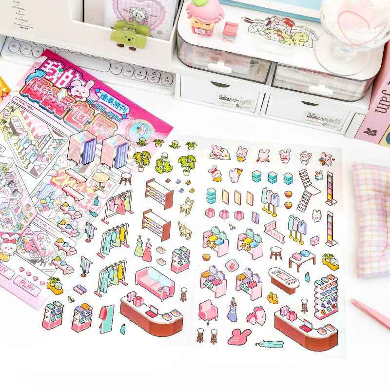 Pixel World – 3D Miniature Sticker Scenes - 4 Theme Sets: Dream Clothing Store | Leisurely Coffee Shop | Busy Supermarket | Quiet Nursery