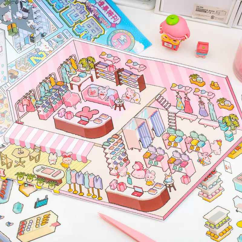 Pixel World – 3D Miniature Sticker Scenes - 4 Theme Sets: Dream Clothing Store | Leisurely Coffee Shop | Busy Supermarket | Quiet Nursery