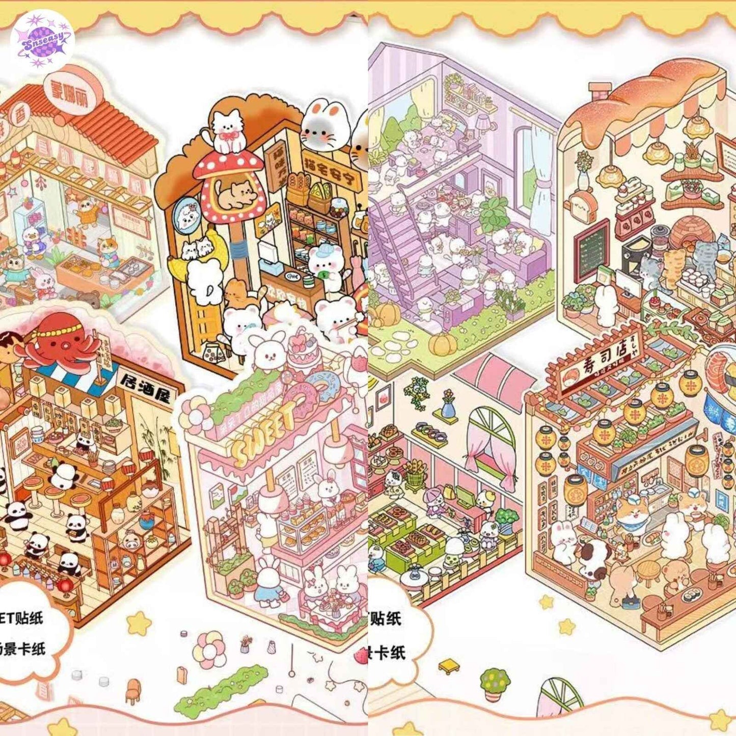 Cute Animals 13.0 – Opening and Shop Series – 3D Miniature Sticker Scenes - 10 Theme Sets: Shop Opening | Pet Shop | Luosifen Store | Dessert Store | Cat Apartment | Small Animal Bread | Small Animal Cake | Sushi Restaurant