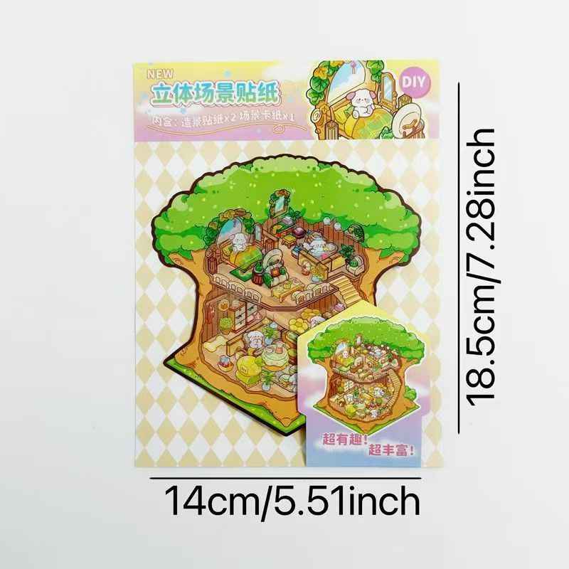 Cute Cottage – 3D Miniature Sticker Scenes - 4 Theme Sets: Surprise Circus | Forest Cottage | Tranquil Courtyard | Gourmet Street