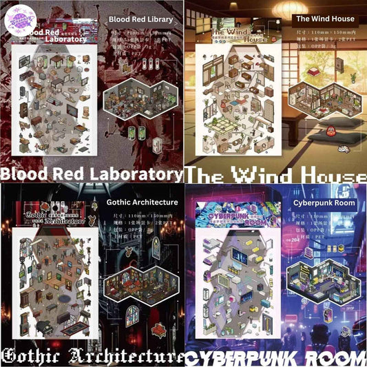 Pixel Dreamcore Series – 3D Miniature Sticker Scenes - 4 Theme Sets: Blood Red Library | The Wind House | Gothic Architecture | Cyberpunk Room