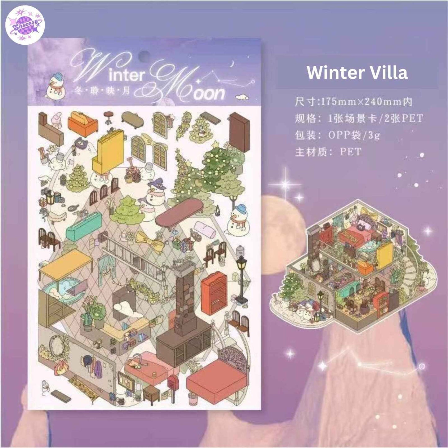 Four Seasons Villa Series – 3D Miniature Sticker Scenes - 4 Theme Sets: Cherry Blossom Villa | Summer Pool | Maple Villa | Winter Villa