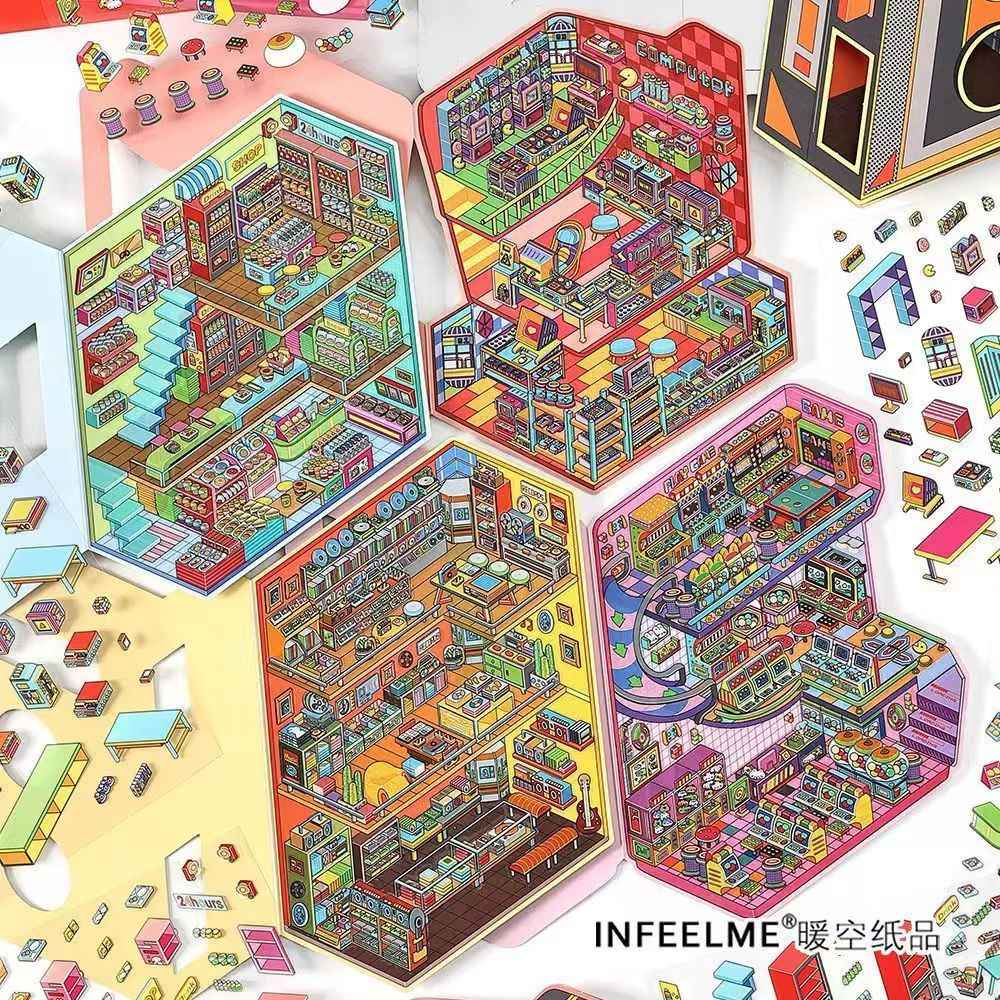 Today's Business Series 7.0 -Plus– 3D Miniature Sticker Scenes - 4 Theme Sets Record Store E-sports Arena Arcade Supply Station