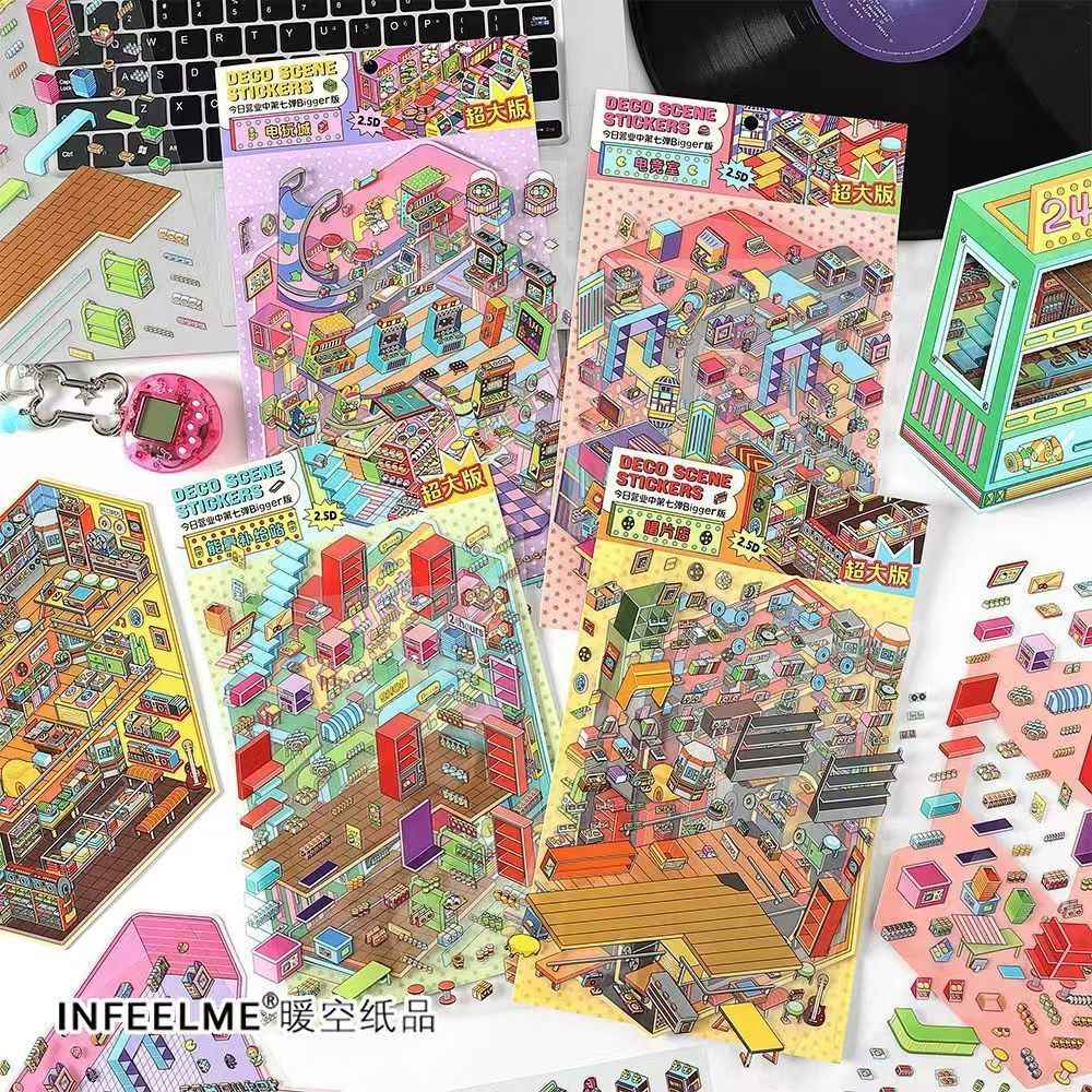 Today's Business Series 7.0 -Plus– 3D Miniature Sticker Scenes - 4 Theme Sets Record Store E-sports Arena Arcade Supply Station